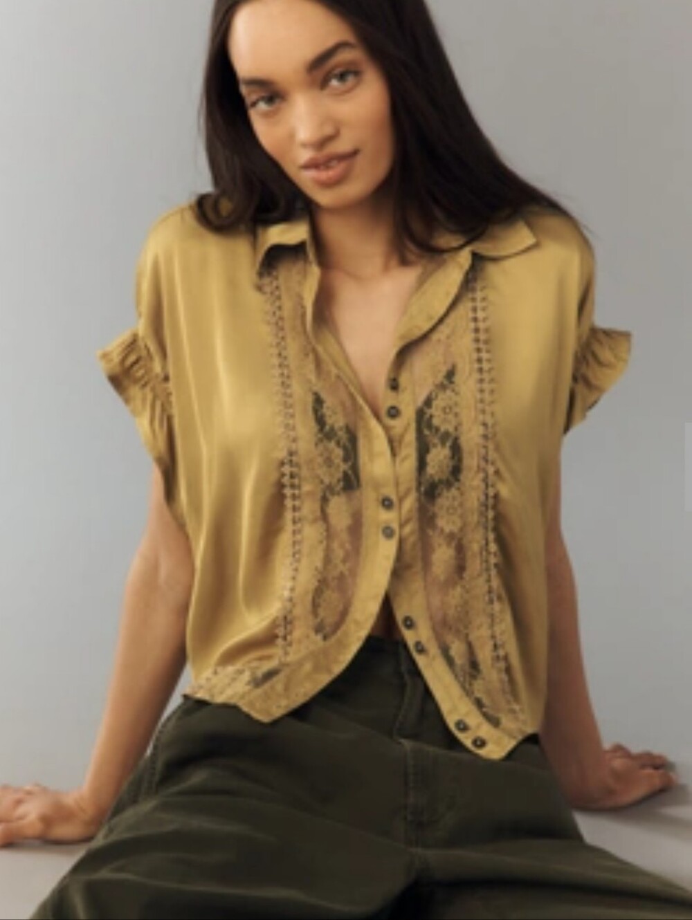 ANTHROPOLOGIE PILCRO QUINCY LACE SHORT SLEEVE BLOUSE . 2X NWT DRIED MOSS. SATIN